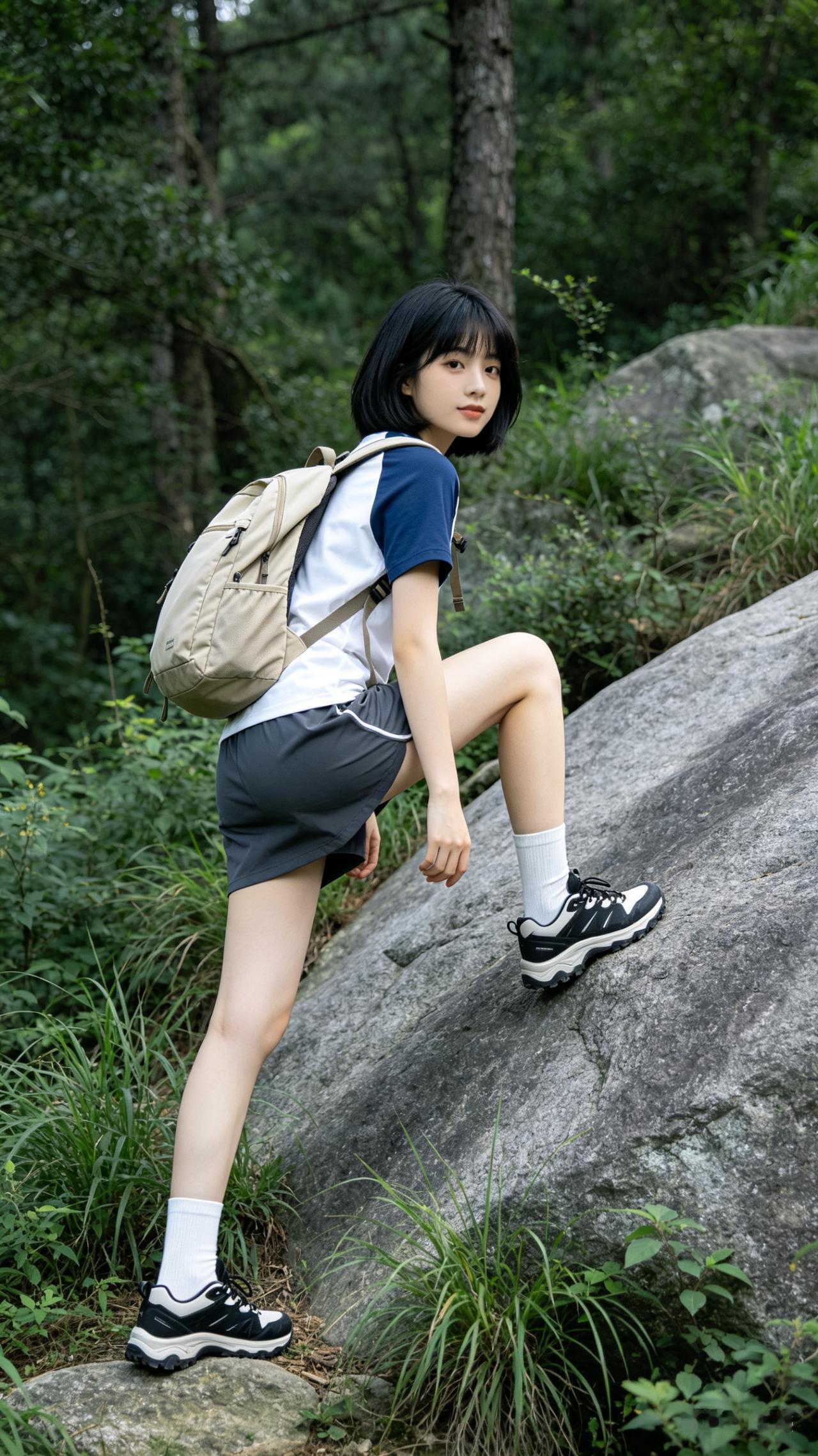 山林户外纪实，齐肩黑波波头少女踏巨石，回眸望向镜头。拼色短袖搭配运动短裙，全套登