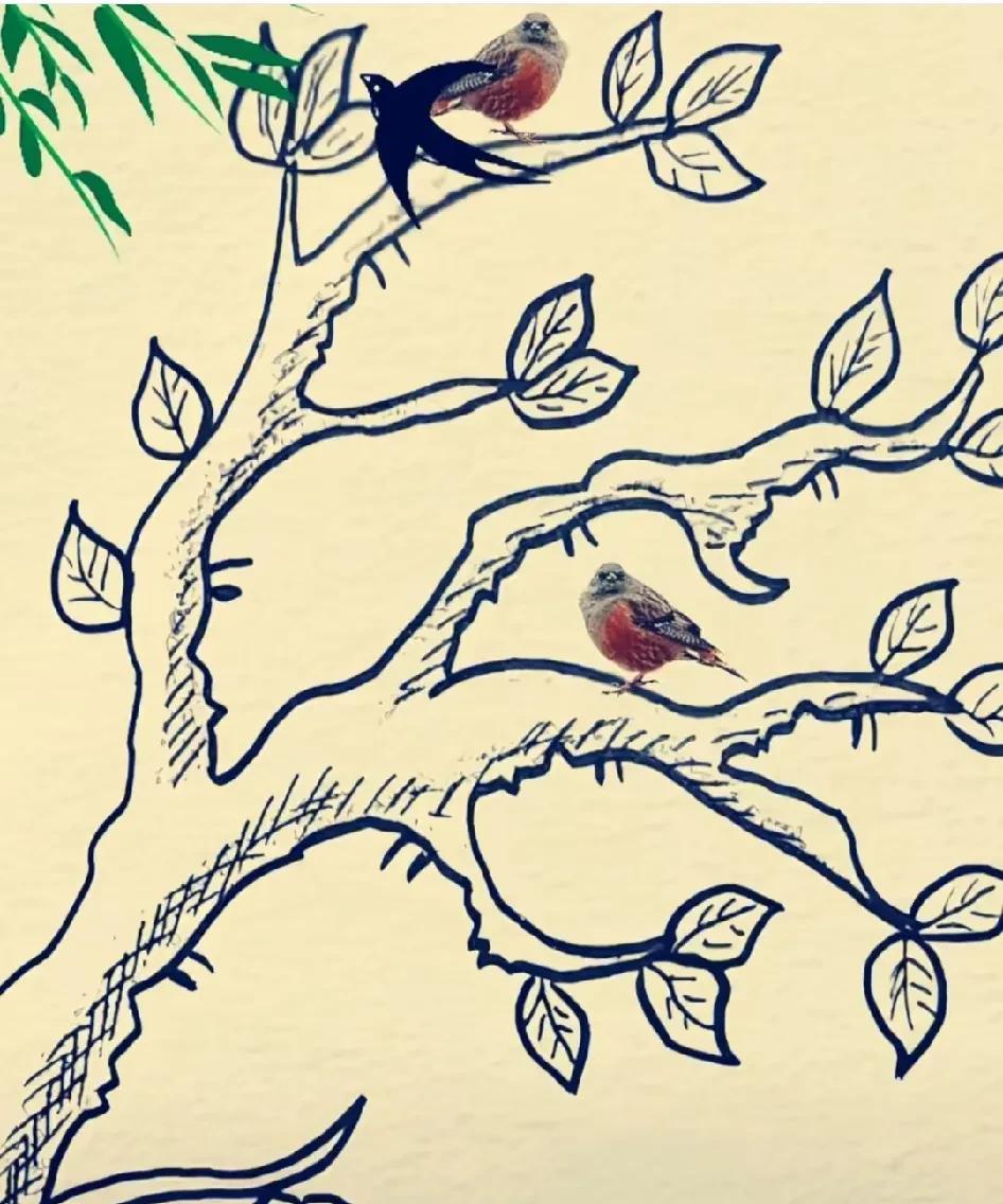 考眼力！树中藏人脸，你能揪出几个？家人们，来挑战眼力啦！这幅树鸟图里藏着人脸
