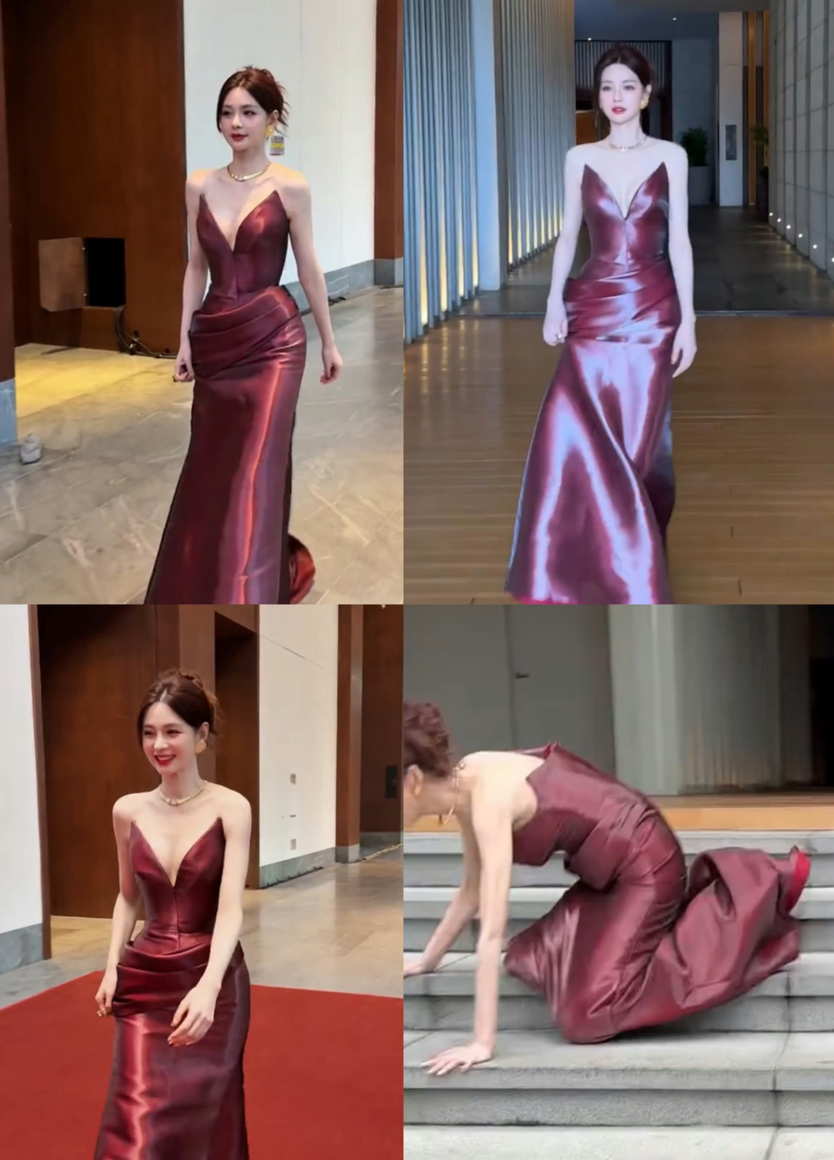 沈梦辰下楼梯摔倒前一秒还如此美丽动人，后一秒却如此狼狈喜感。看起来挺疼，但应该