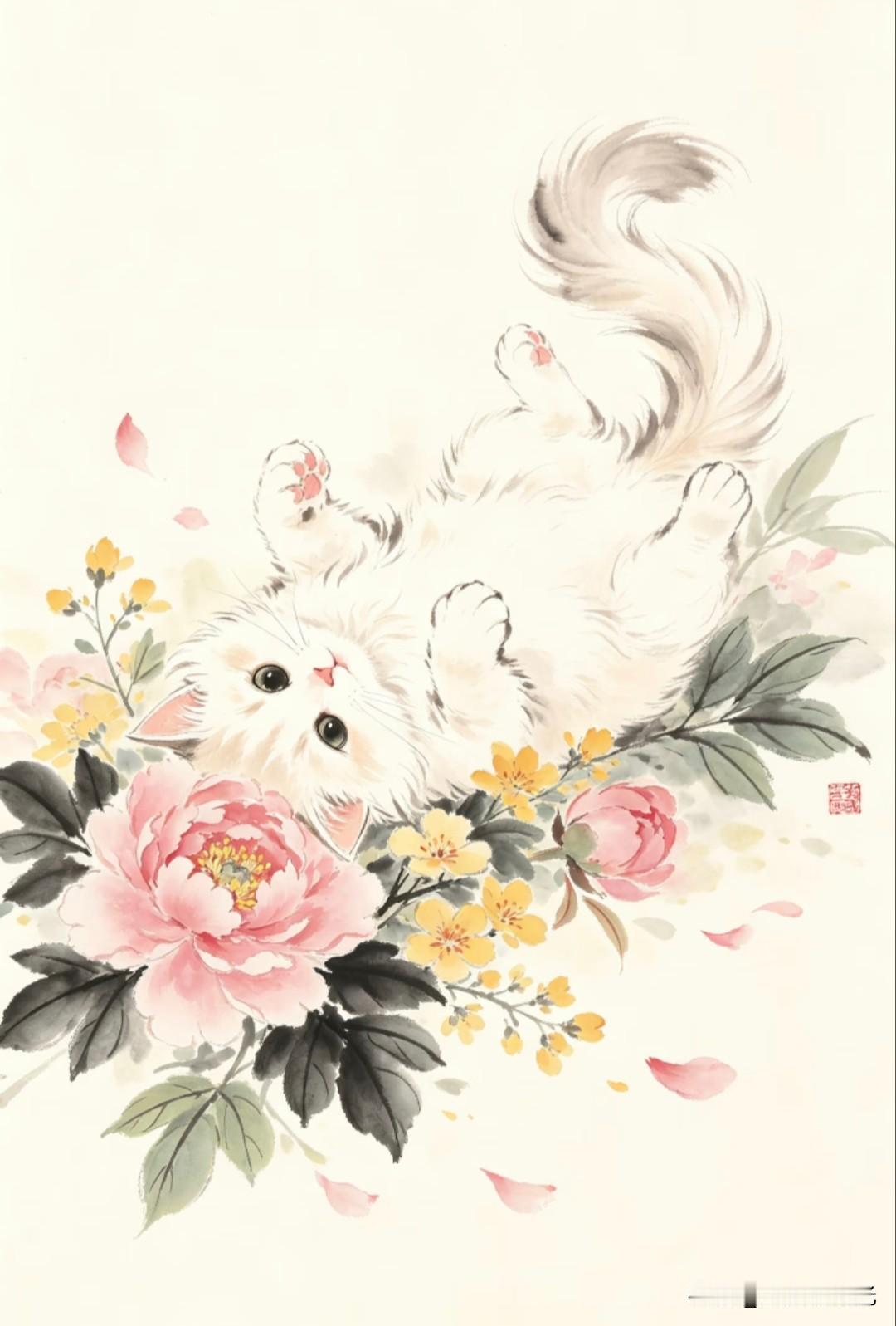 娇猫卧尽繁花处，淡墨生香，揽取人间几许春光Jasper水墨画小猫与花壁纸插画分