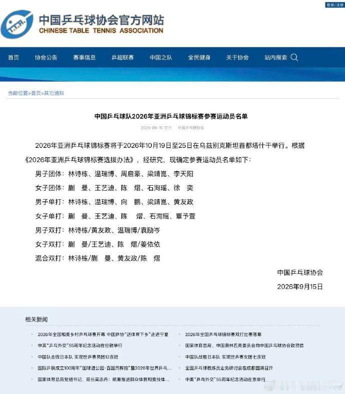 中国队乒乓球亚锦赛名单男子团体：林诗栋、温瑞博、周启豪、梁靖崑、李天阳女子团体：