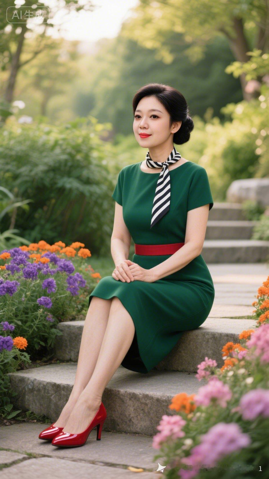 复古风穿搭，绿裙红鞋，优雅动人！🌸👗👠
