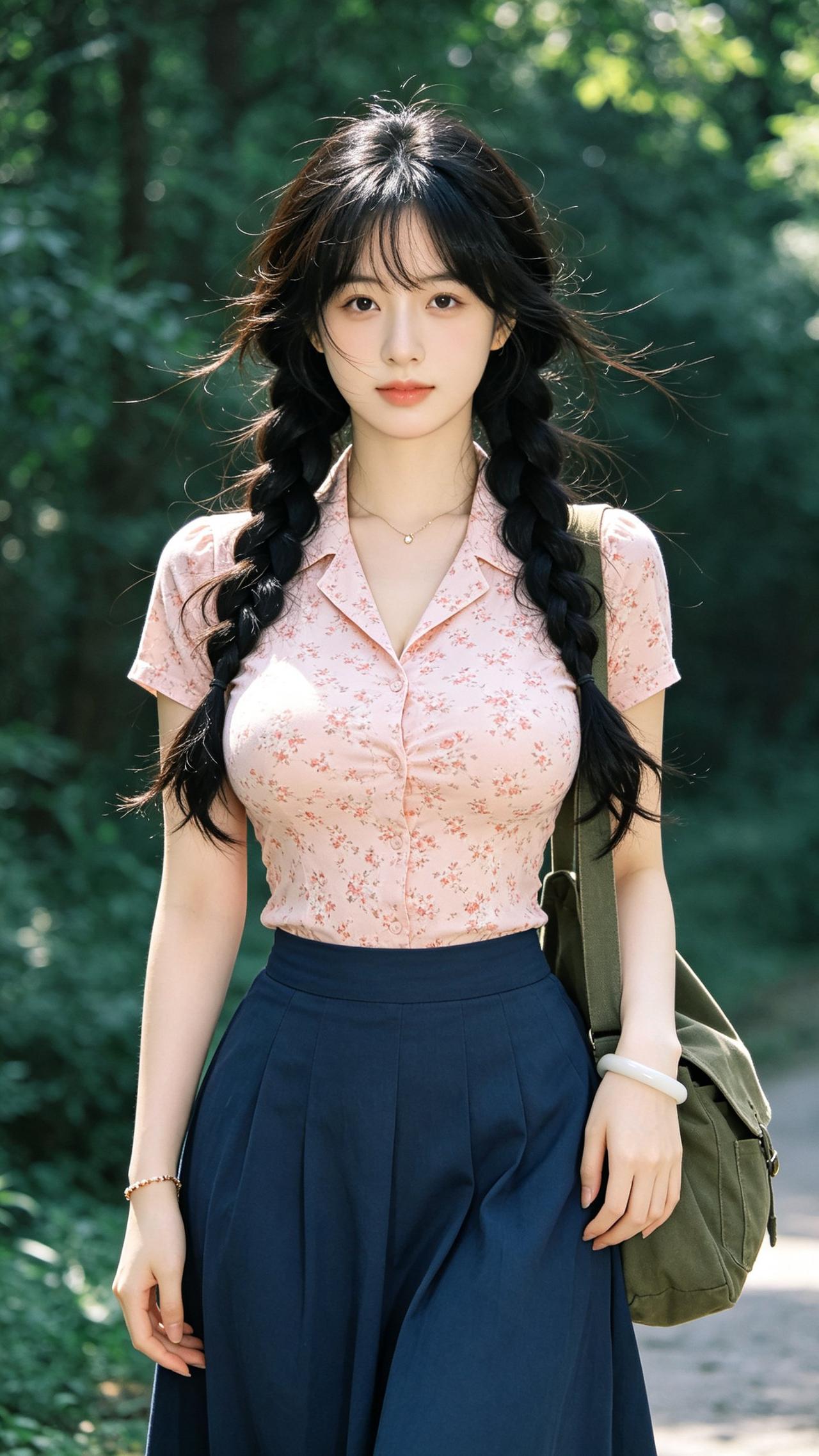 绿树阴中人影斜，轻纱薄衫似水花。