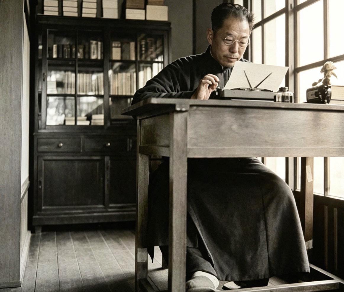 老照片，拍摄于1951年12月的中国台湾井上温泉，幽禁之中的张学良，身着长款中式