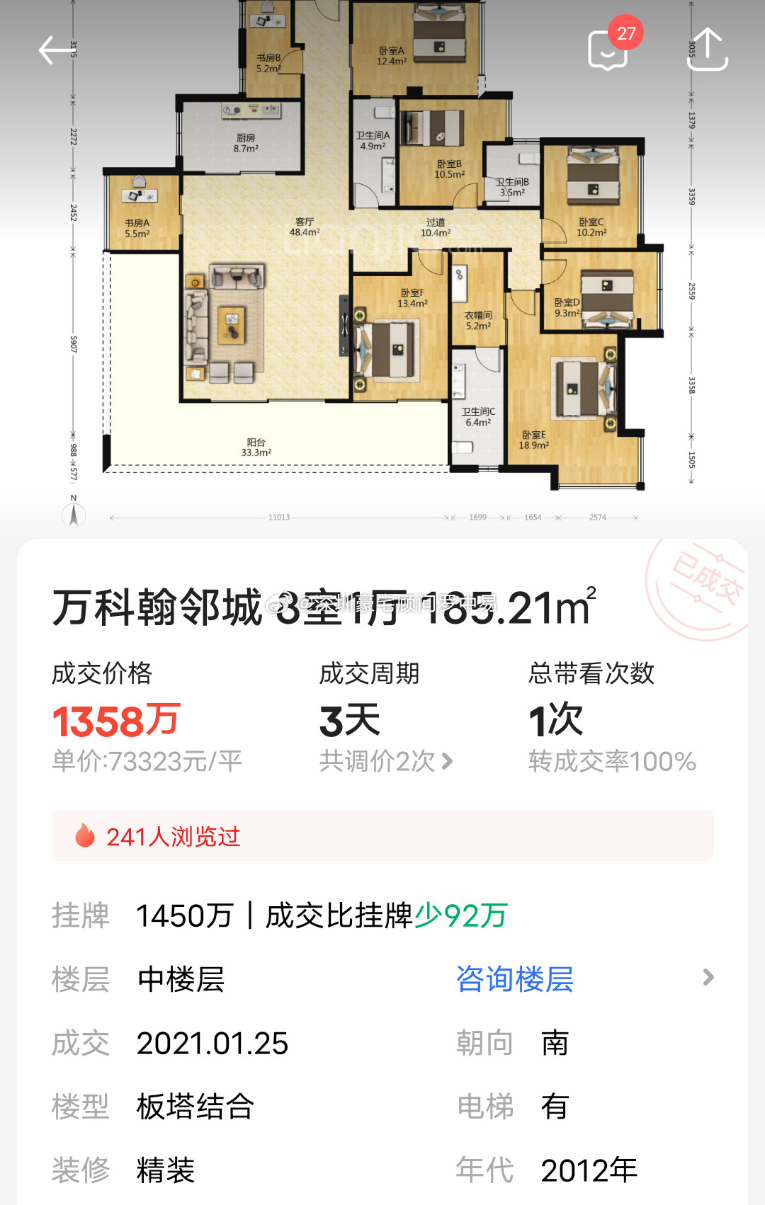 深圳楼市，从来不缺奇迹，也从来不缺有缘人，万科翰邻城185平低楼层成交价1360