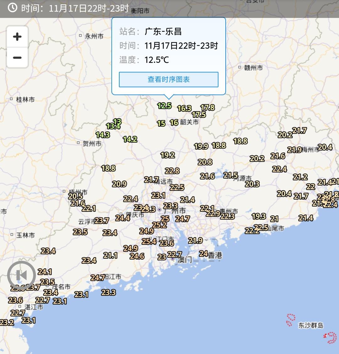 强冷空气前锋影响之下，粤北部分市县目前只有12-14℃左右了，各位明早睡醒就冷了