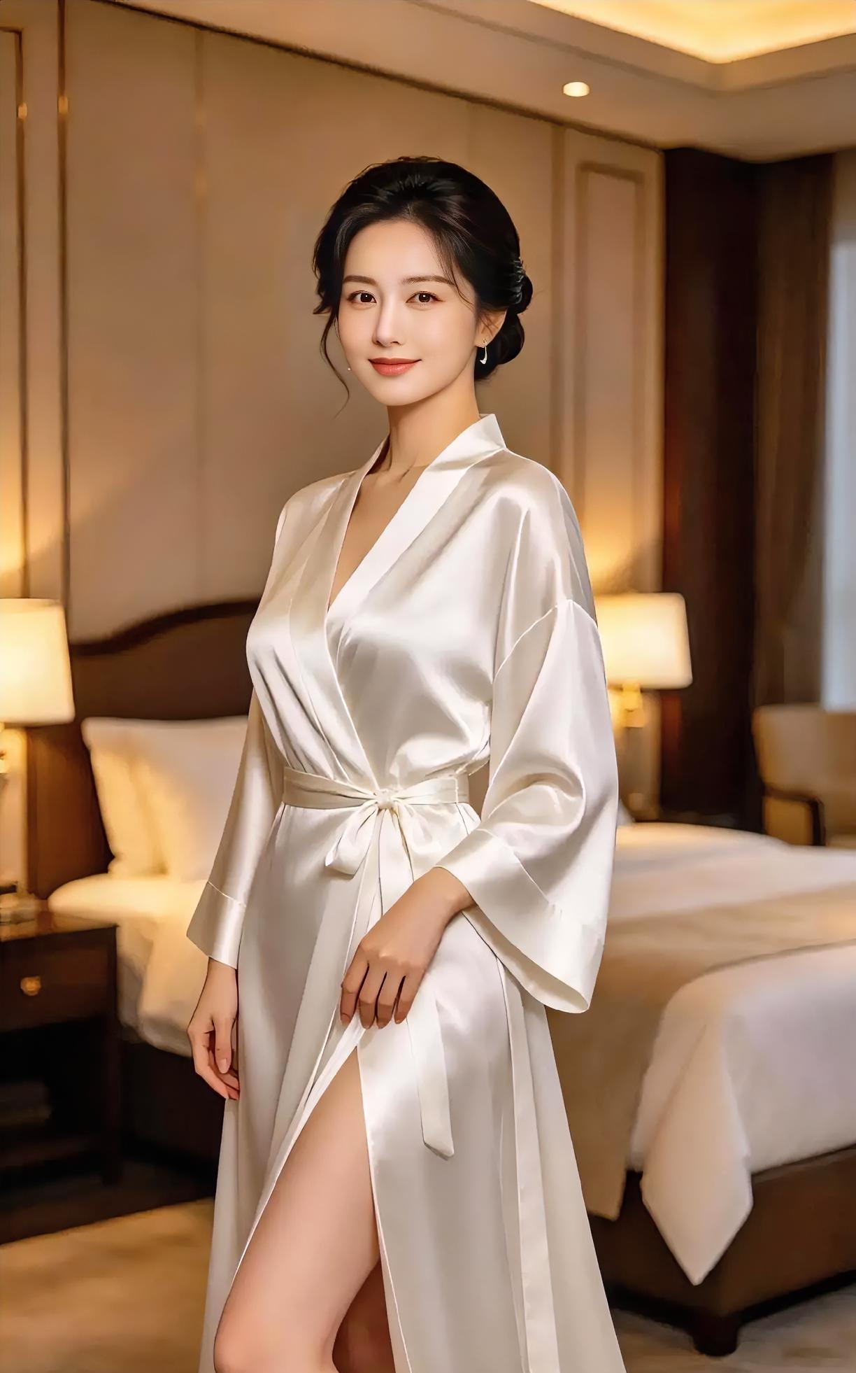 暖光轻吻丝缎白，笑意温柔如花开。发髻轻挽静倚窗，一室安宁入怀来。