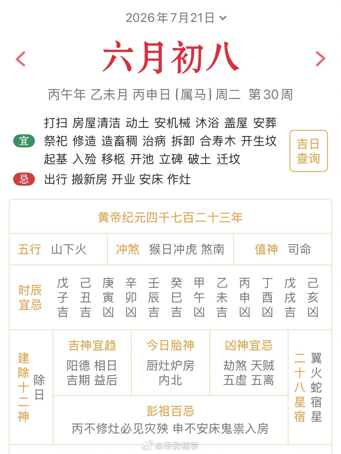 十二生肖每日简运仅供参考2026.7.21丙午年乙未月丙申日丙申天克地冲庚寅：