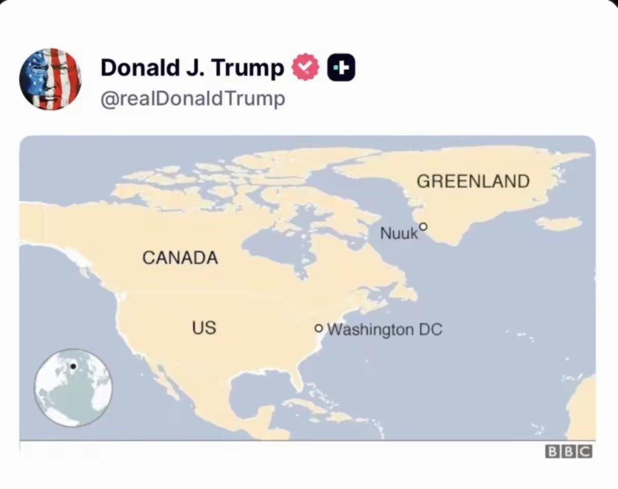 特朗普刚刚发布的美国版图……几乎是整个北美洲，加拿大和格陵兰岛还在途中标注着