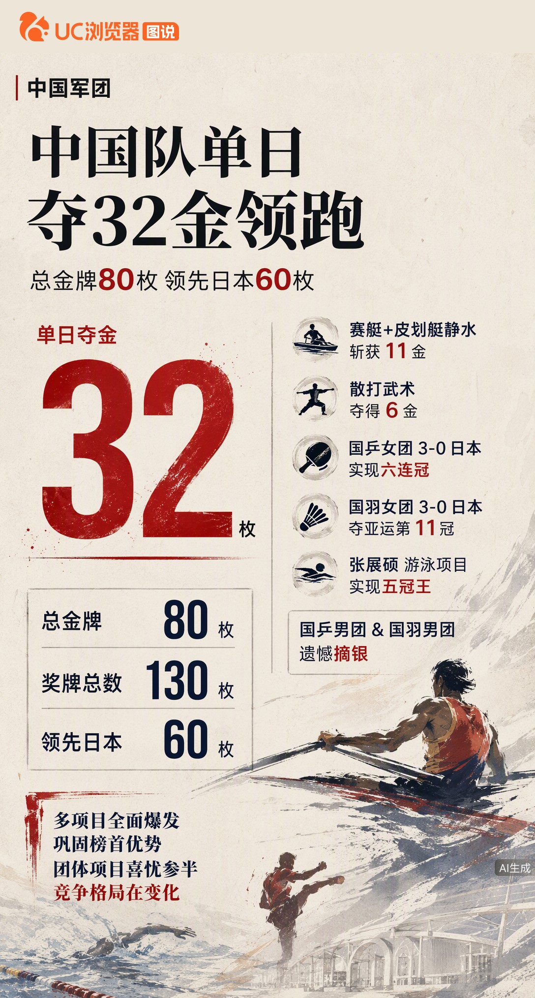 单日32金！中国队亚运总金牌达80枚，领先日本60枚。赛艇皮划艇狂揽11金，国乒国羽女团双双3-0胜