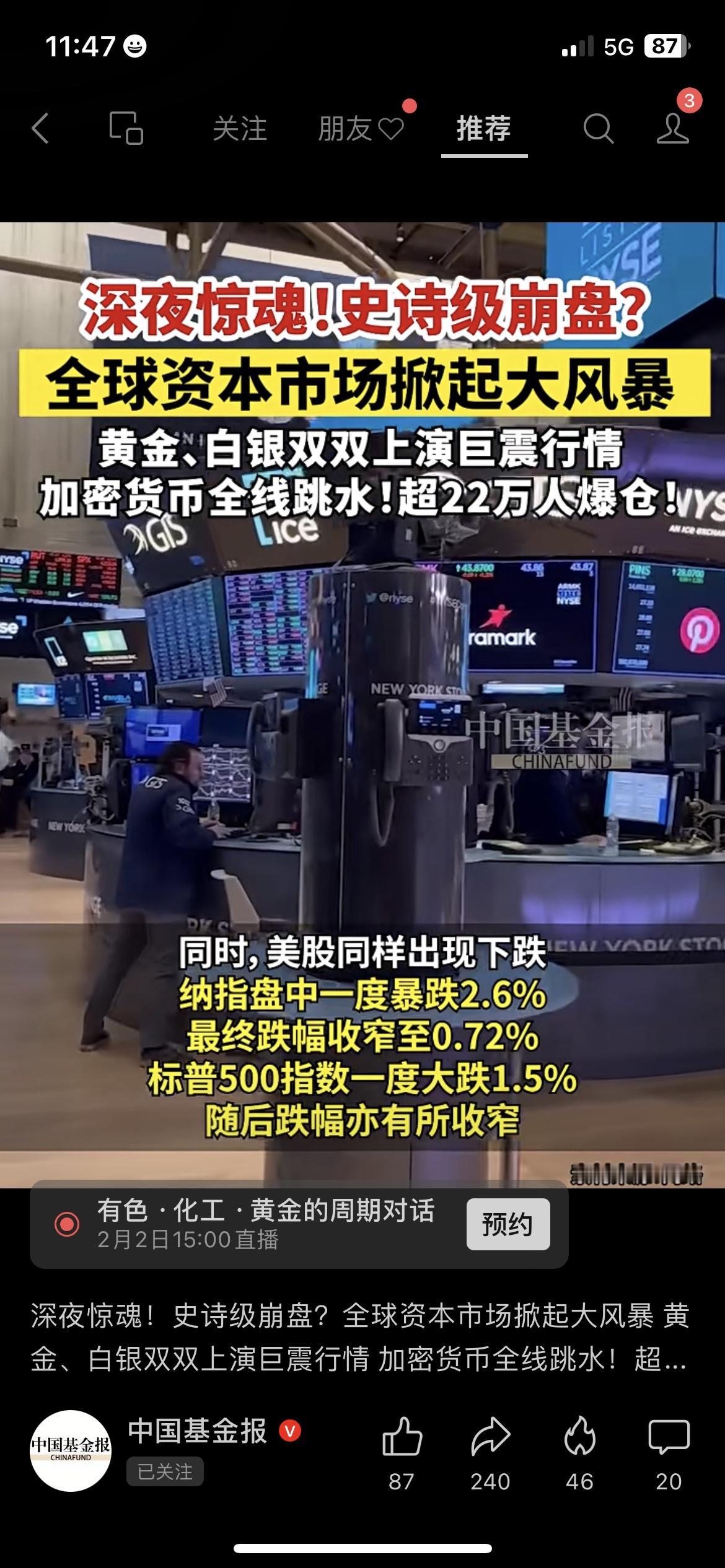 🌍全球惊魂！黄金白银暴跌，加密货币22万人爆仓，美股纳指一度跌2.6%昨晚全