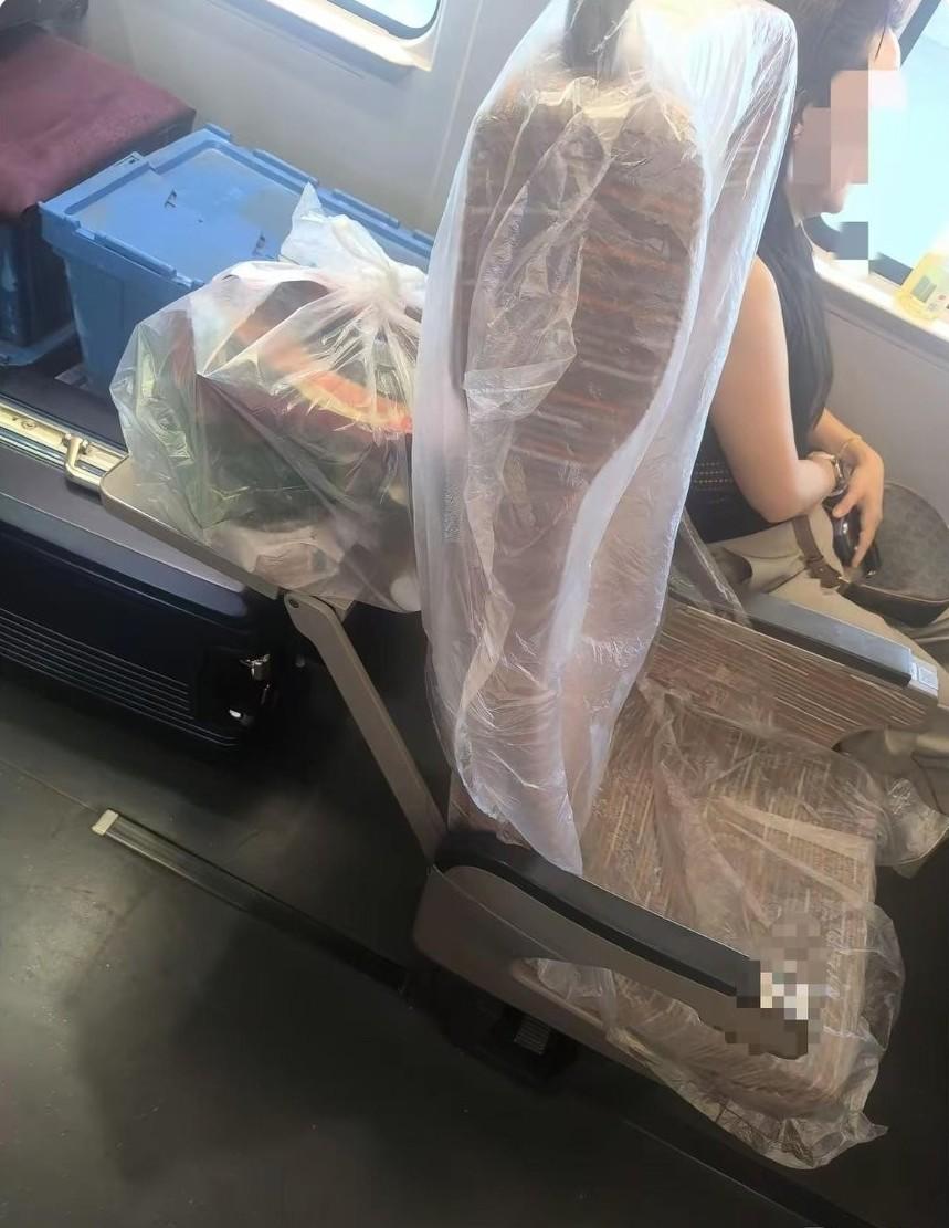 高铁上邂逅一位格外注重清洁的女士。她上车后，迅速为自己的座椅套上一次性塑料袋，接