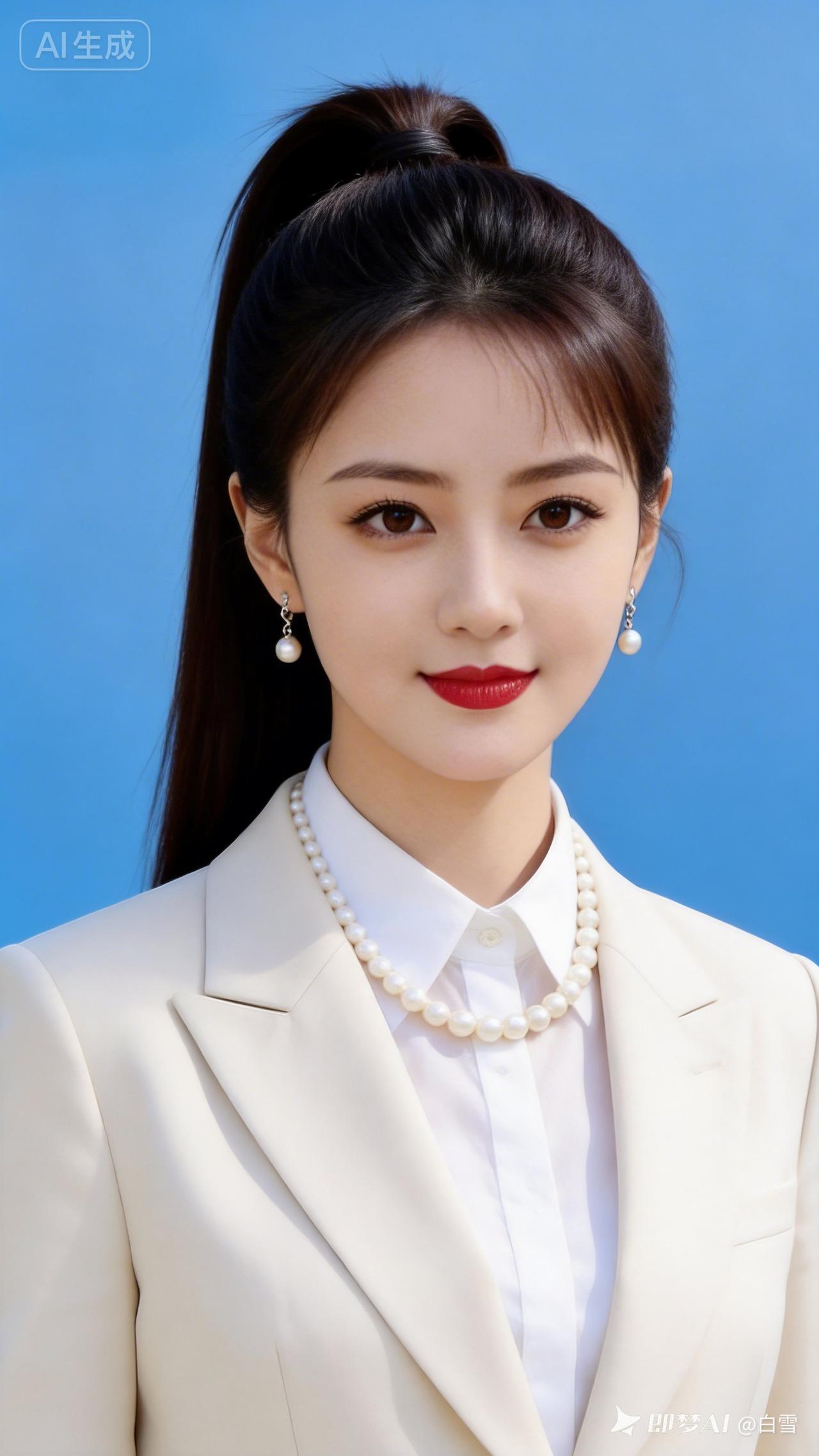 身着浅色西装套装，内搭简约白衬衫，利落高马尾尽显干练。大眼睛灵动有神，高鼻梁精致