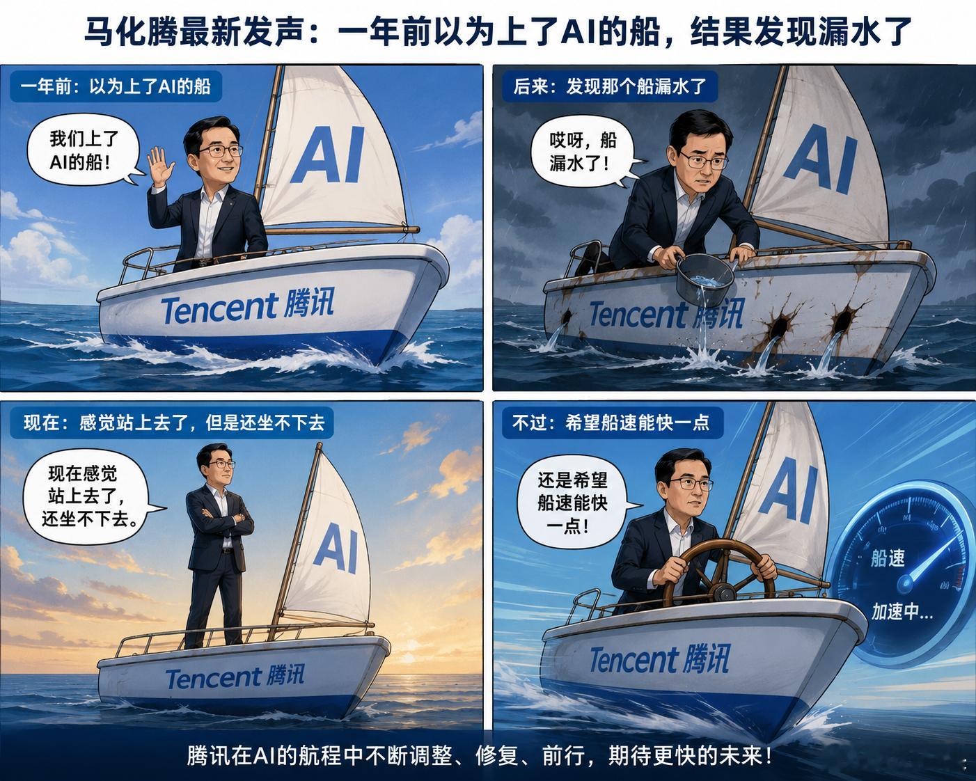 马化腾回应AI掉队马化腾用“漏水破船”承认了腾讯AI的不足，一个知道自己船在漏