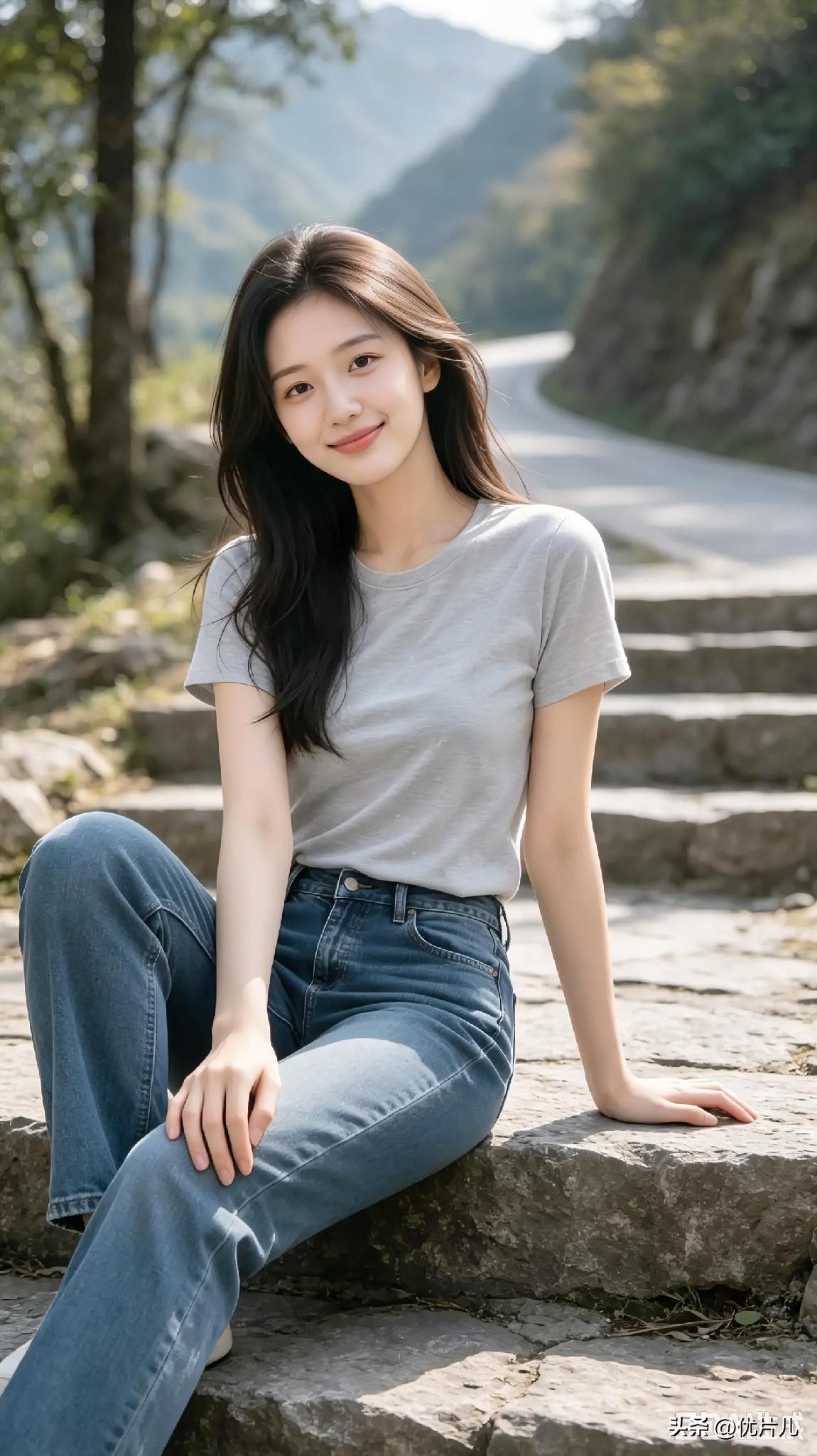 阳光洒在蜿蜒的山间小路，女孩身着简约灰T恤与牛仔裤，静坐石阶。她笑容甜美自