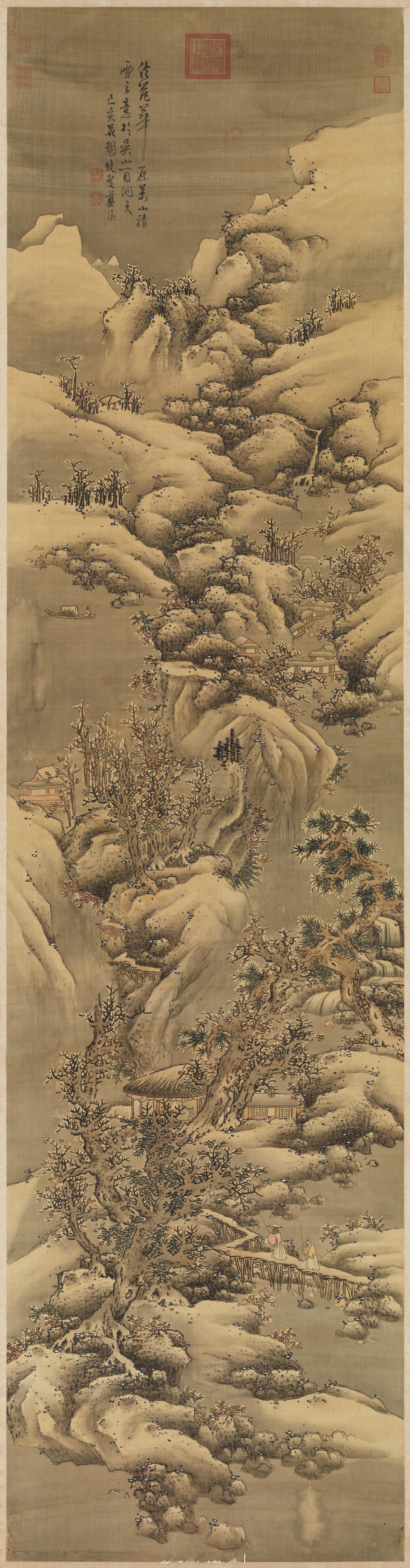 明蓝瑛画雪景　轴此幅画溪山积雪，其间点缀楼宇、蓬舟、危桥、栈道和行人。山石纯用