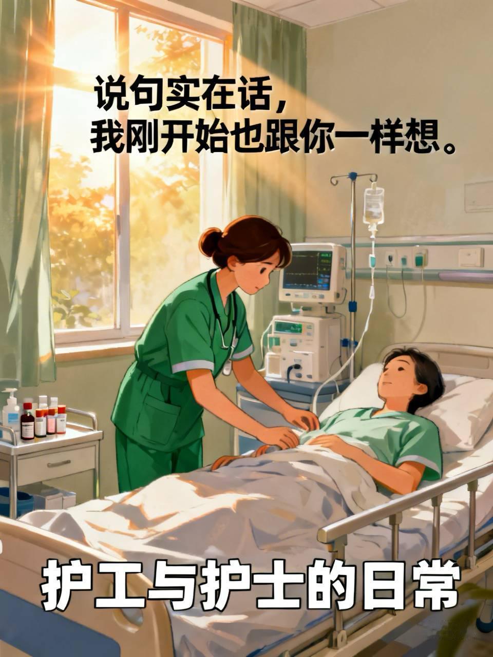 “护士现在可真是轻松，打打针，发发药，其他翻身等工作都让护工干了。”我也说过这样