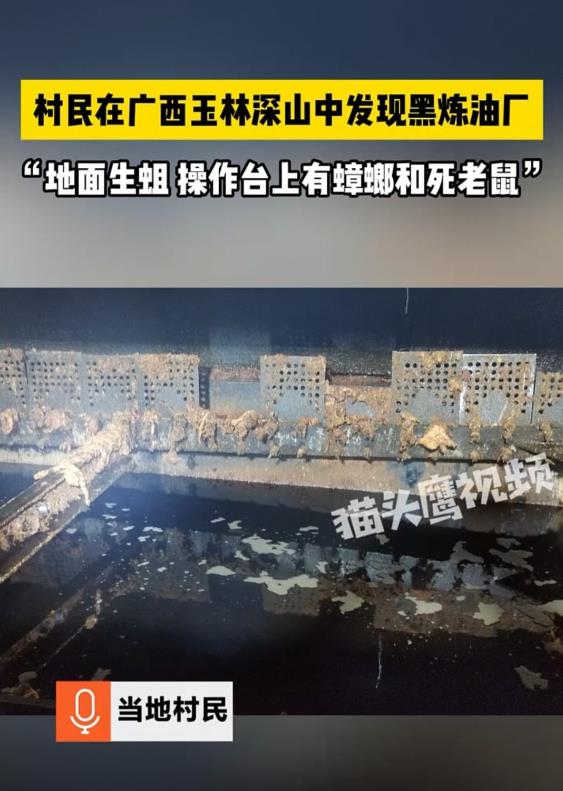 广西，一村民闻到一股烂油渣的味道。顺着气味飘来的方向，他们在山顶发现一家违规炼油