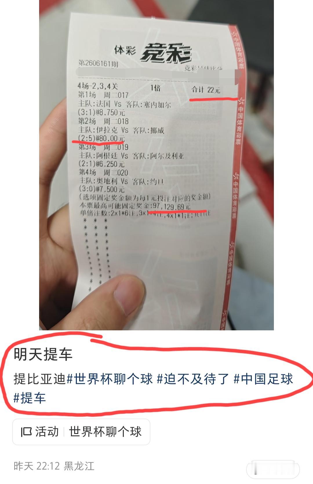 这位黑龙江网友，想凭这张彩票，提一台比亚迪？用22块钱，撬动9万多的高额奖金，这