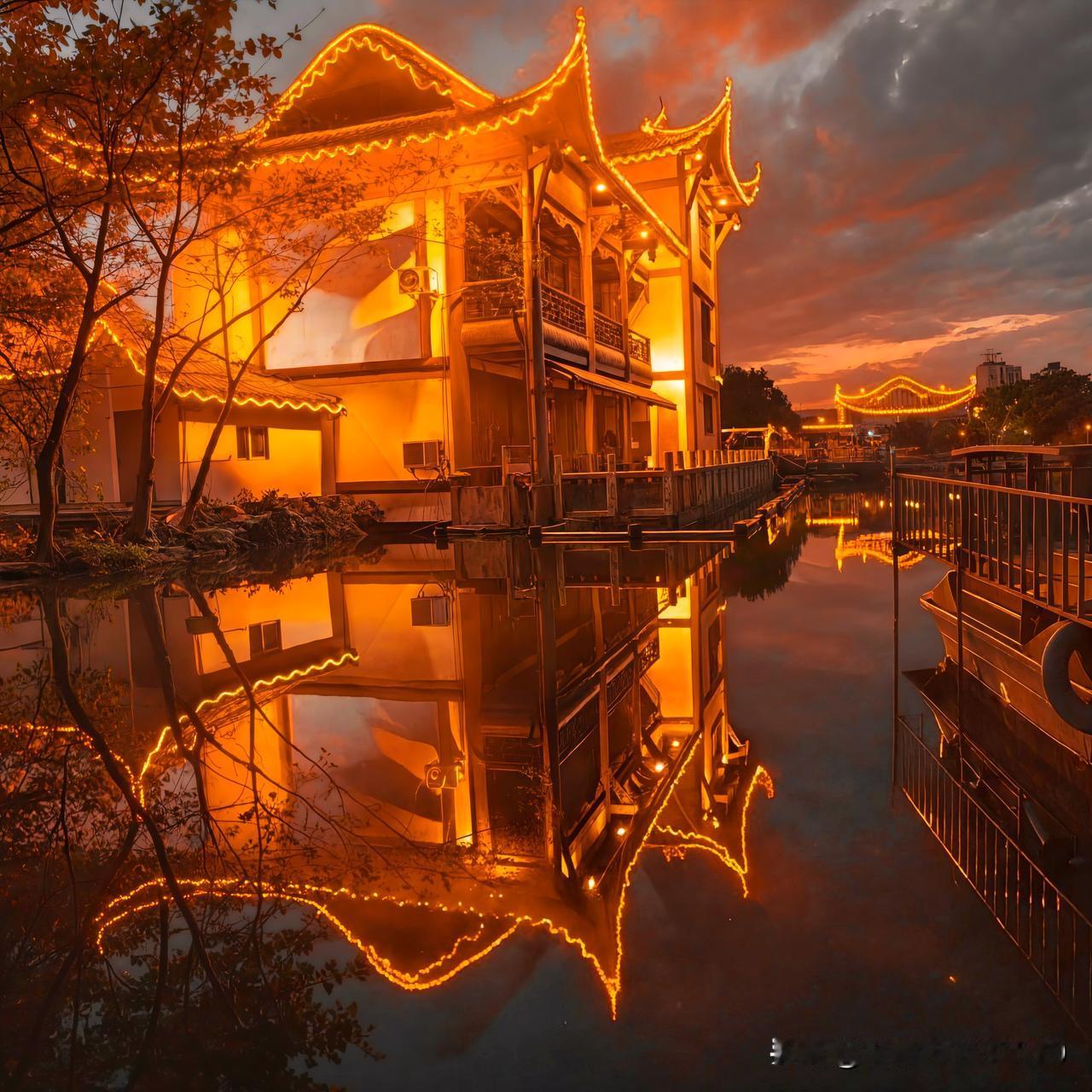 夕阳西下，那水边的古风建筑就像从画里走出来的一样。就说洞庭湖吧，日落时分，朱黄楼