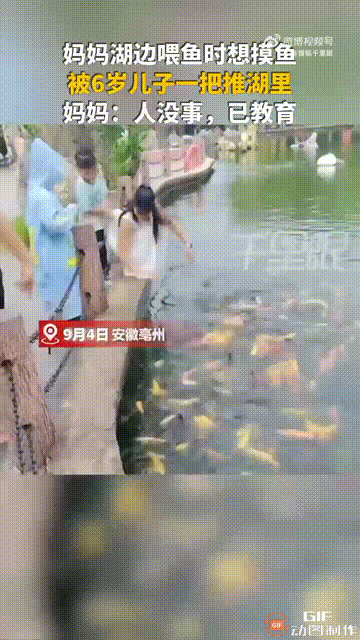 安徽亳州一名女子带6岁儿子到湖边喂鱼时，由于鱼粮撒到了岸边，于是女子走到岸边捡鱼