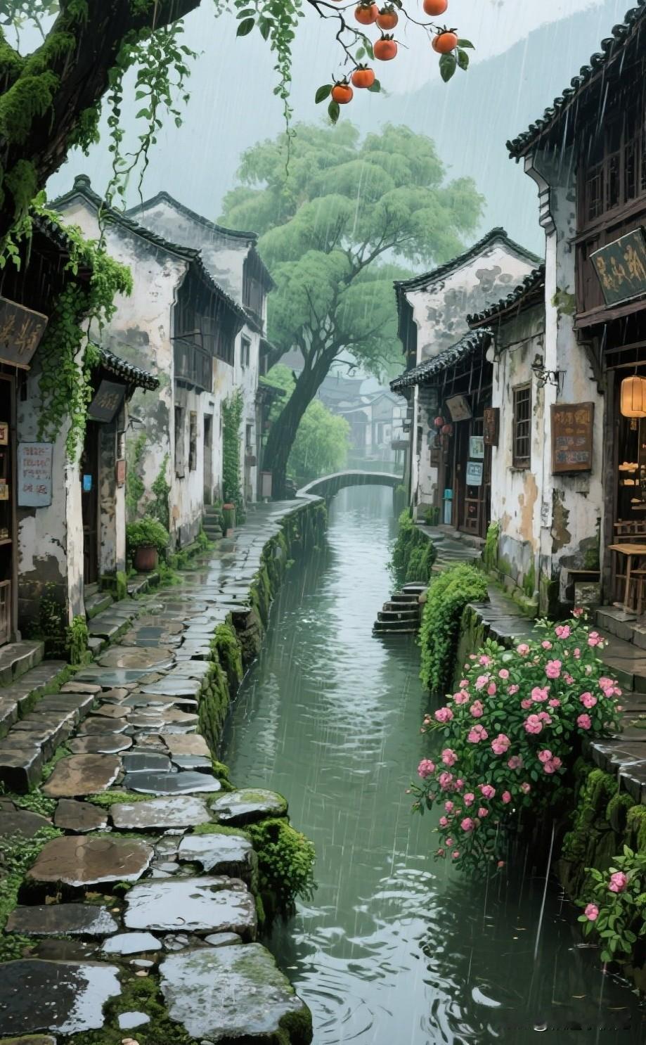 江南烟雨，那是一幅诗意的画卷。漫步在江南古镇，青石板路被细雨浸润，泛着柔和的光。