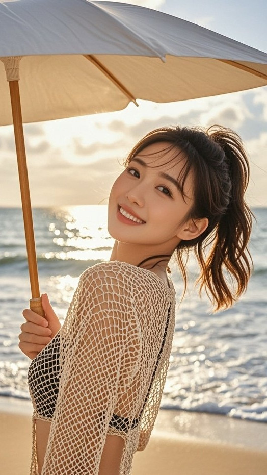 少妇倚栏望海，裙摆随风飘扬