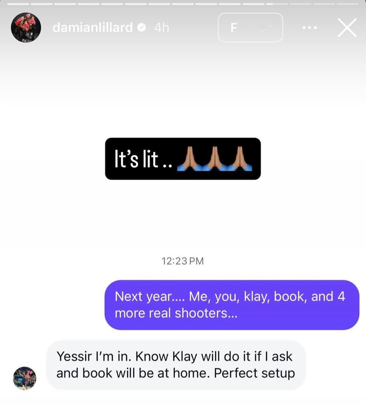 利拉德晒出和库里聊天记录——利拉德：“明年，我和你，克莱，还有布克，再加上4个其