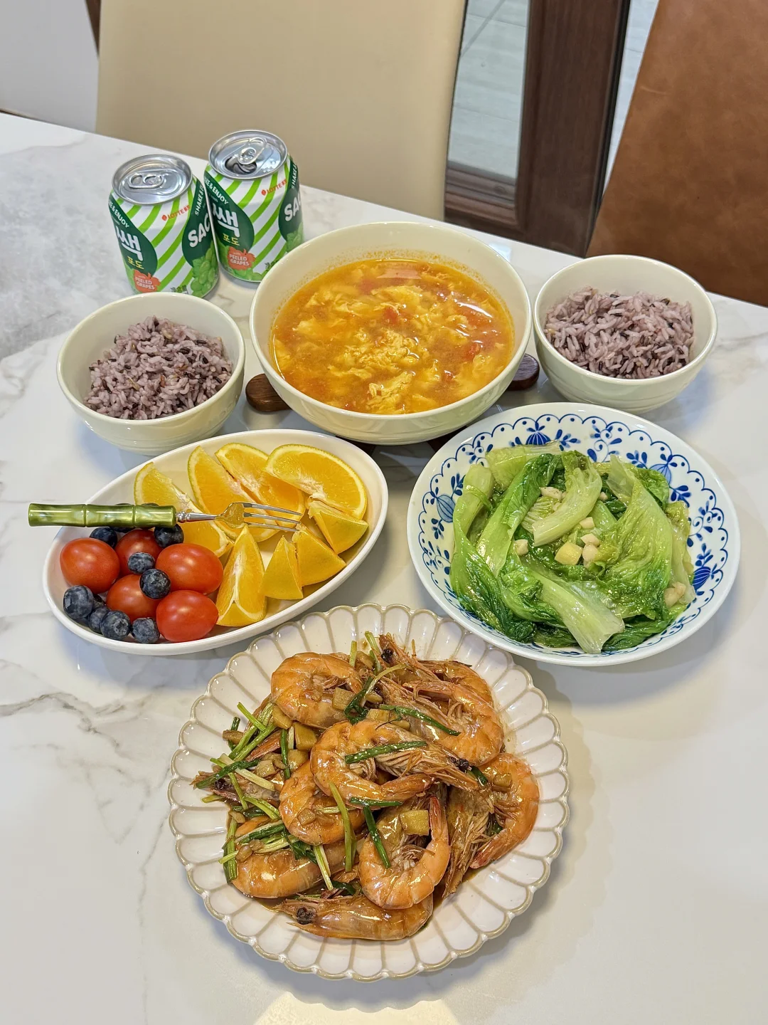 二人晚餐｜葱香大虾🍤番茄鸡蛋汤🍅清炒生菜