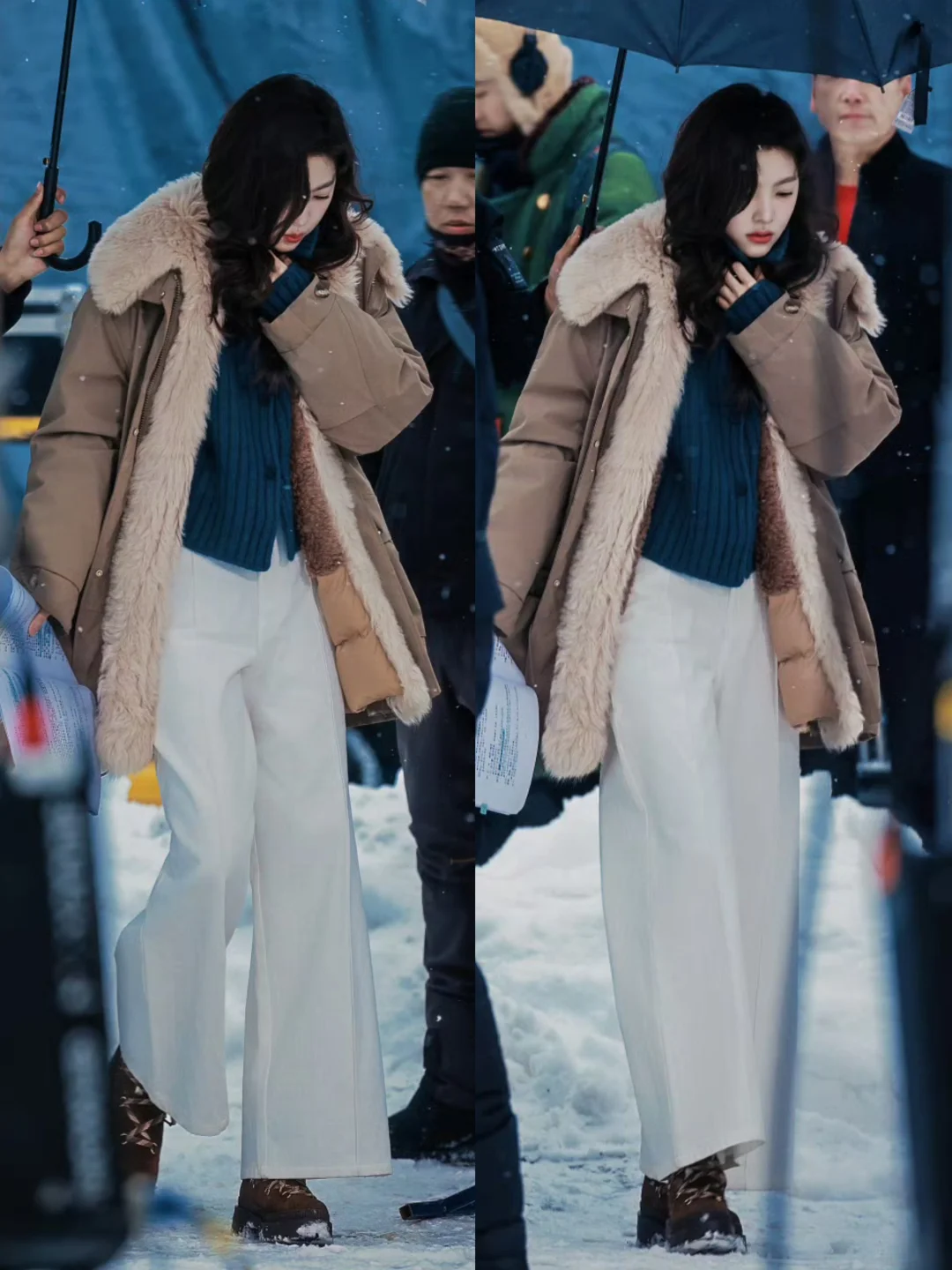 章若楠今日剧组上班穿搭，冬日氛围感！