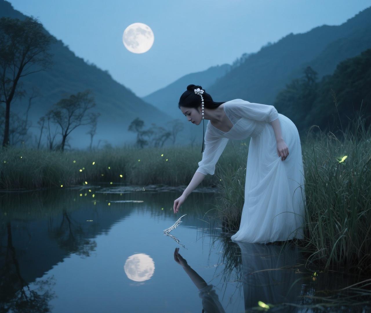 民间故事：月下遇仙记村西头的阿木总在月夜去后山砍柴。那晚月色如水，他忽见潭边立