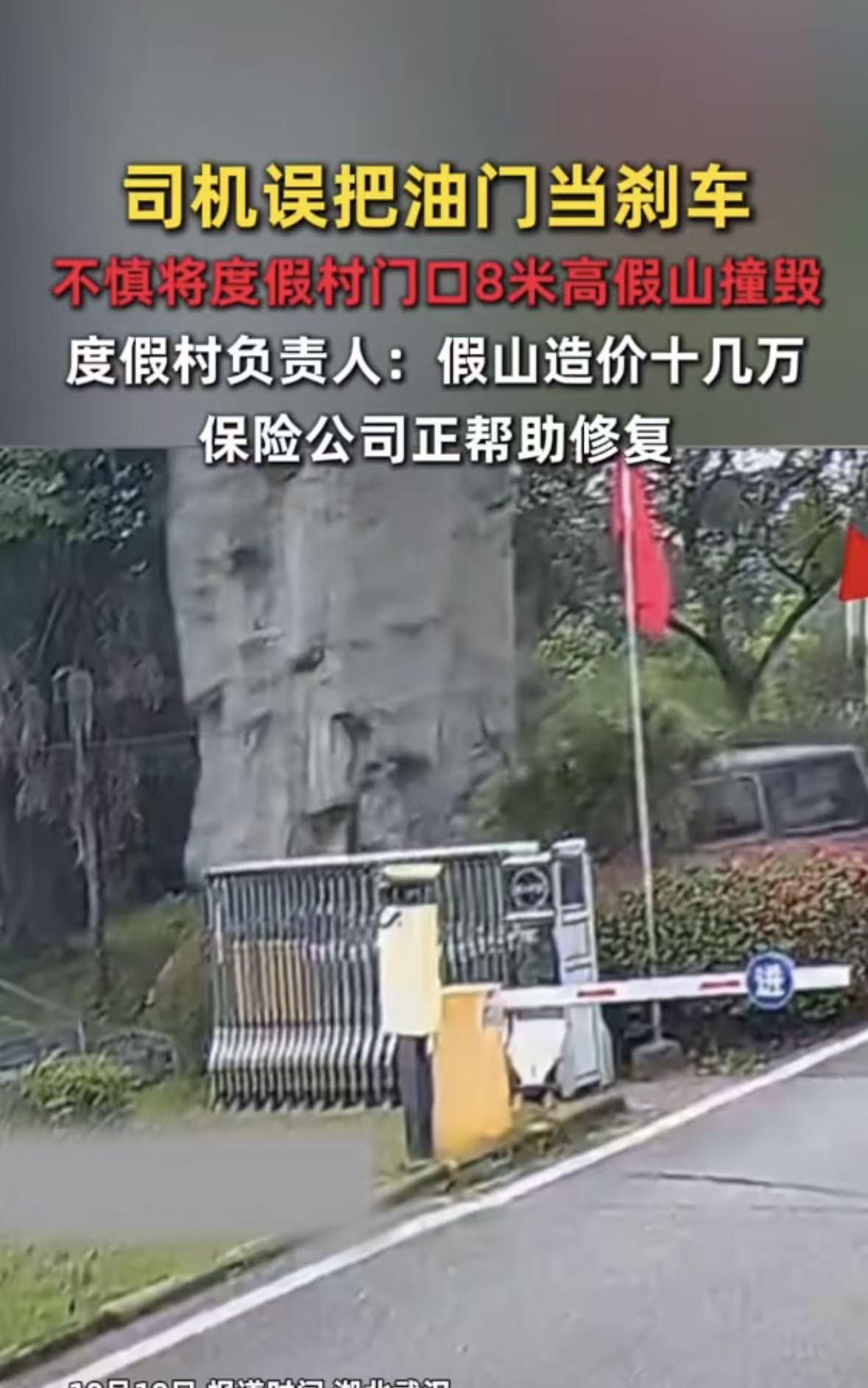 一司机把油门当刹车把人家度假区门口的假山撞到了度假村负责人表示：假山造价10