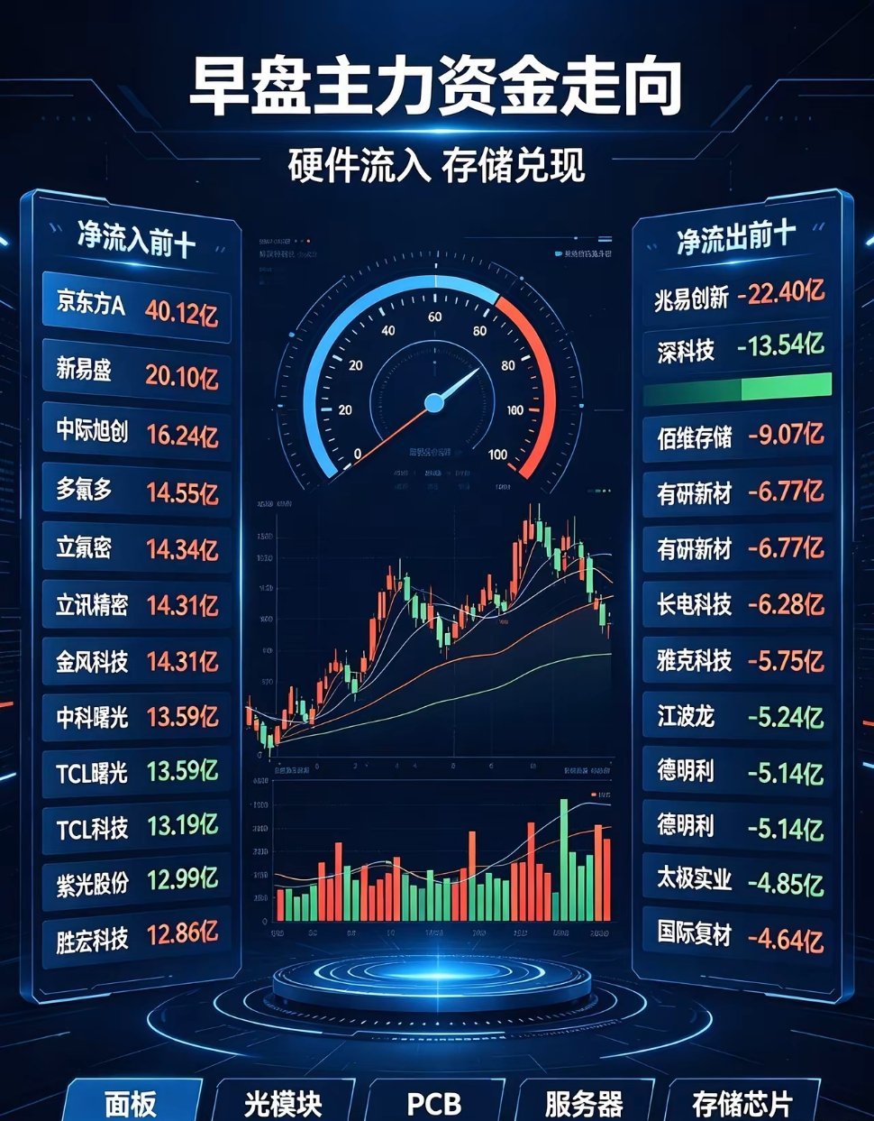 6月30日早盘主力资金净流入前十1.京东方A：40.12亿元（光学面板）2.