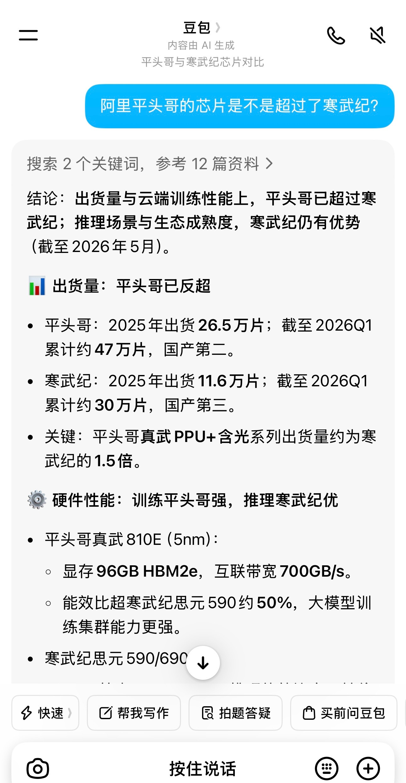 我问豆包：阿里的平头哥芯片是不是超过寒武纪。豆包说：阿里的平头哥2025年出货2