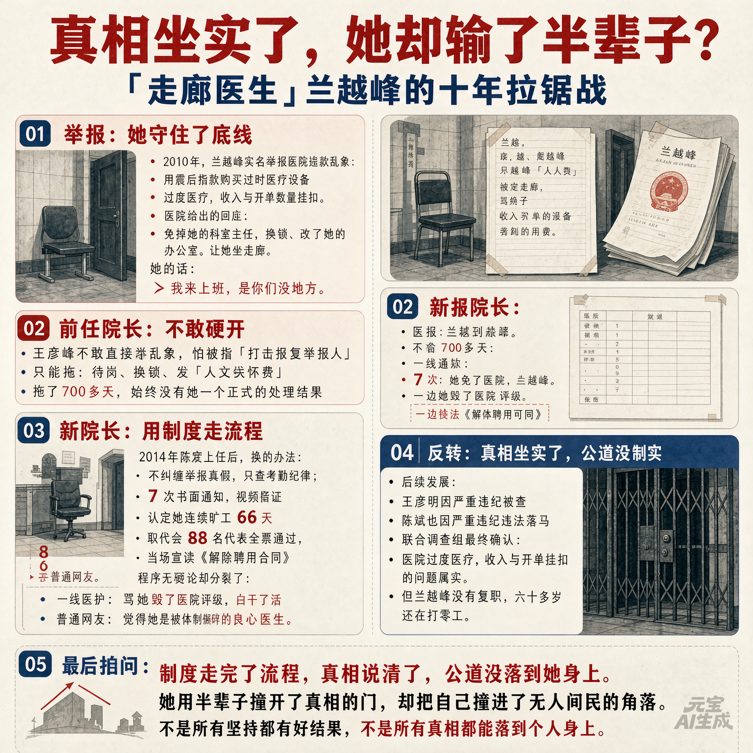 “走廊医生”兰越峰的事，越扒越心酸。前任院长王彦铭不是不想收拾她，是不敢。兰越峰从2010年起就把举