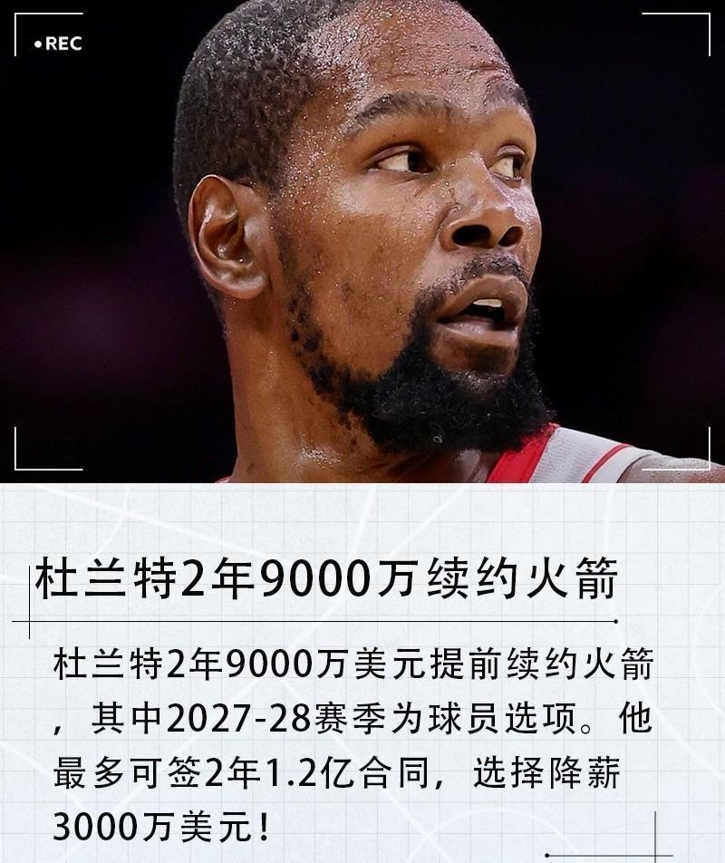 杜兰特没喊一句苦，钱却比詹姆斯多了一大截。他明明能拿5400万，偏要签4500