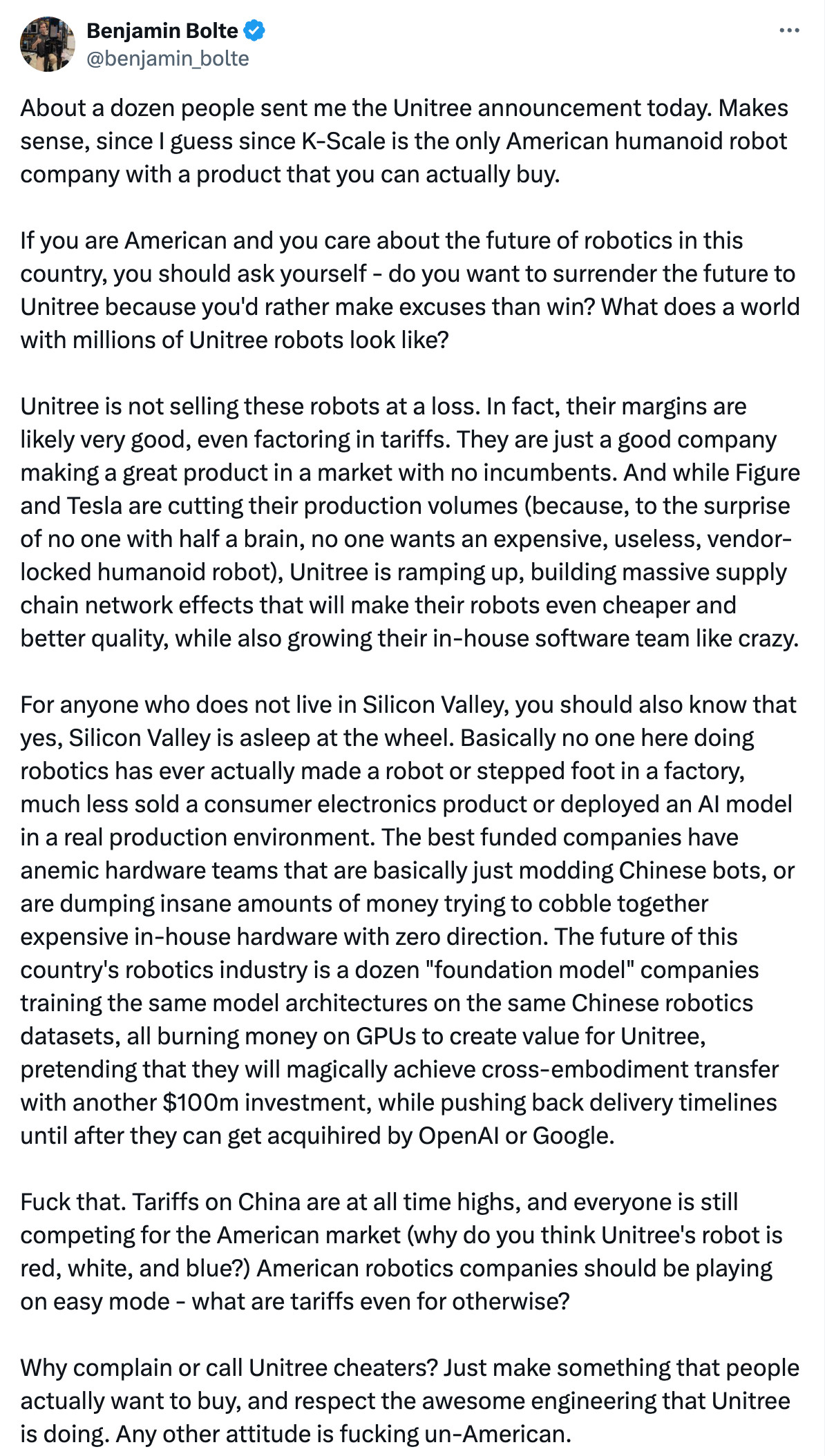 发一个前特斯拉Optimus工程师、美国机器人创业公司K-scaleLa