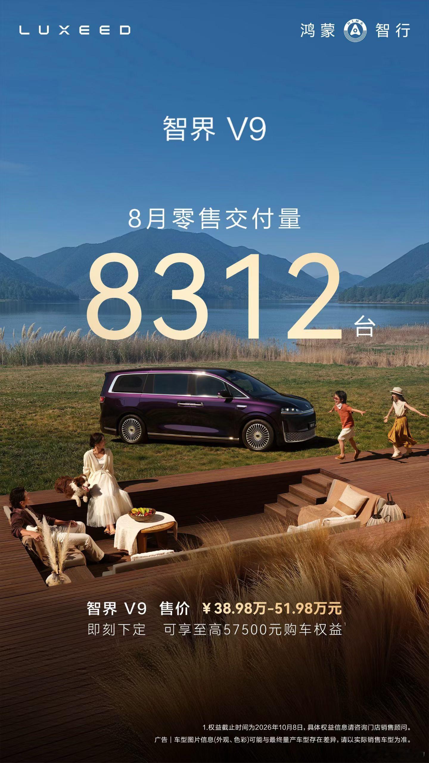 智界V9单月交付8312台新车情报局智界V9最新销量来了，8月单月零售交付量