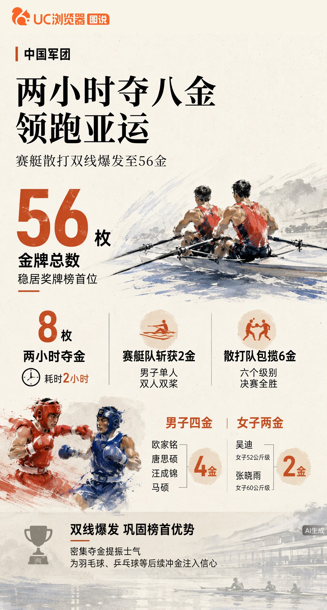 2小时狂揽8金！名古屋亚运中国代表团金牌升至56枚。赛艇拿下男子单人及双人双桨两金，散打更是包揽全部