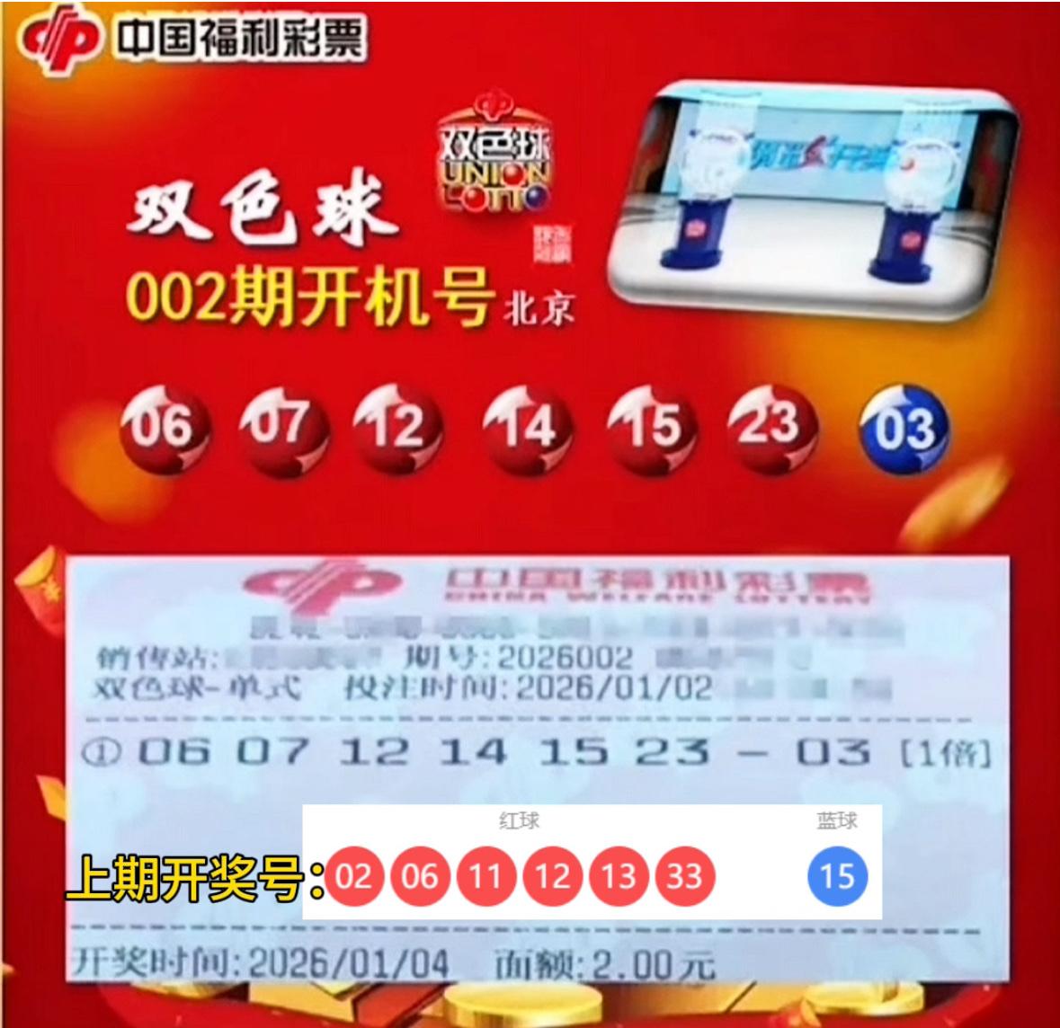 双色球第26002期开机号新鲜出炉，在新年的首期开奖中，红球仅命中一数——02，