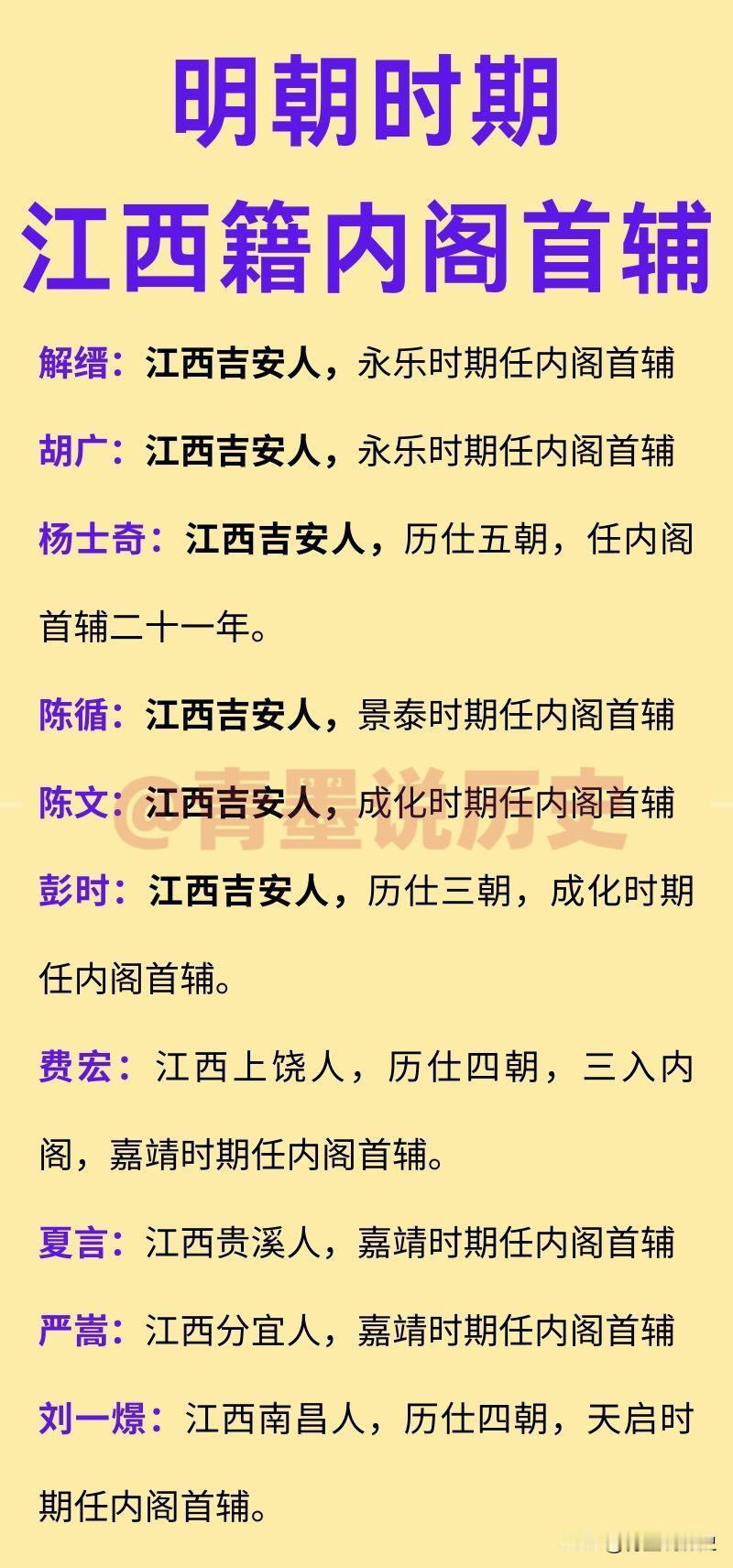 明朝10位江西籍内阁首辅一览！其中，有6位来自吉安，可见此地在当时，真是文风