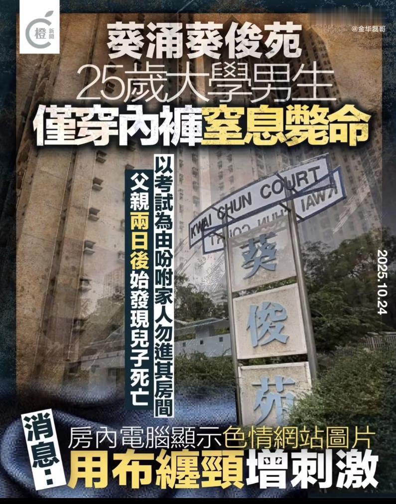 2025年10月23日傍晚,香港葵涌葵俊苑一处住宅内,26岁黄姓男大学生被父亲发