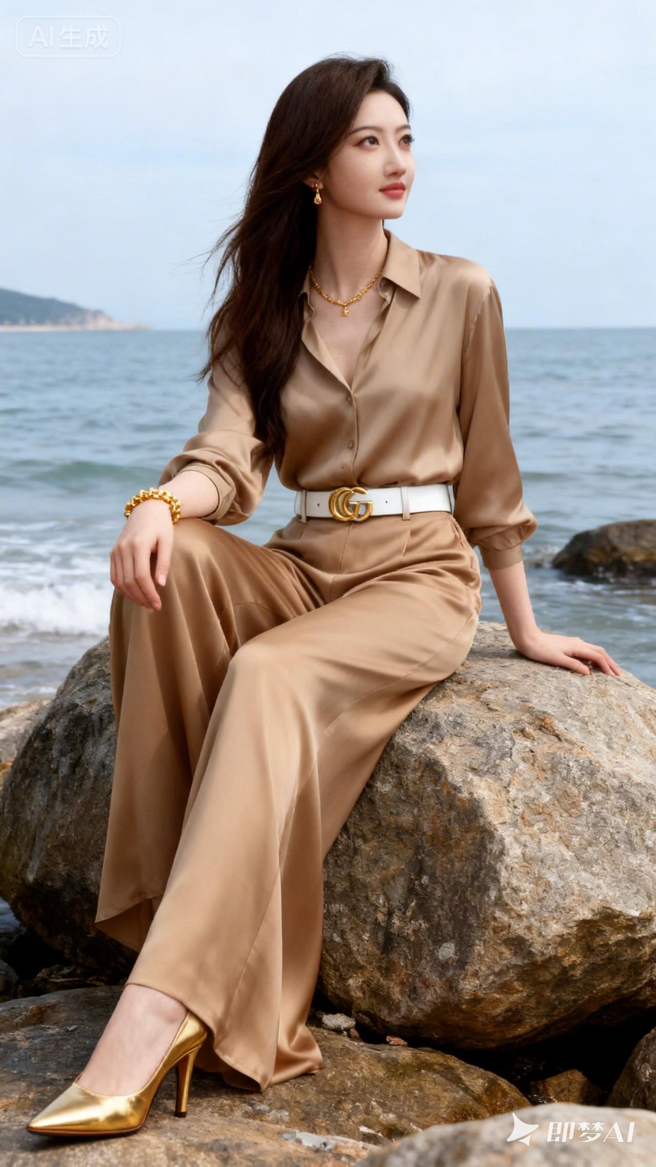 海边度假穿搭指南，优雅棕色套装，金色配饰点缀，轻松自在