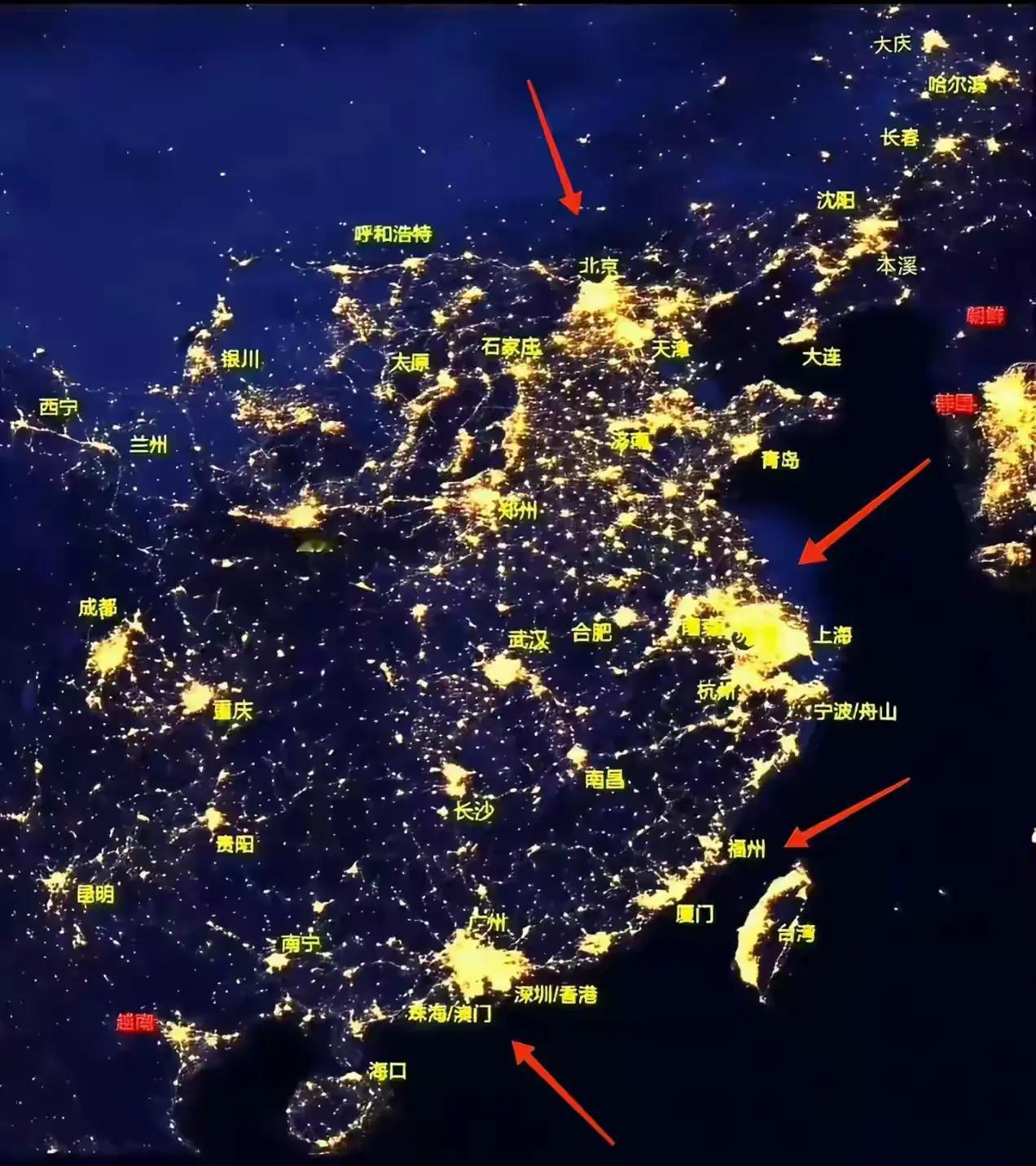 我国的地图夜晚的光亮度，仔细看了半天，世界春城昆明只比义乌大一半都不到。后来查
