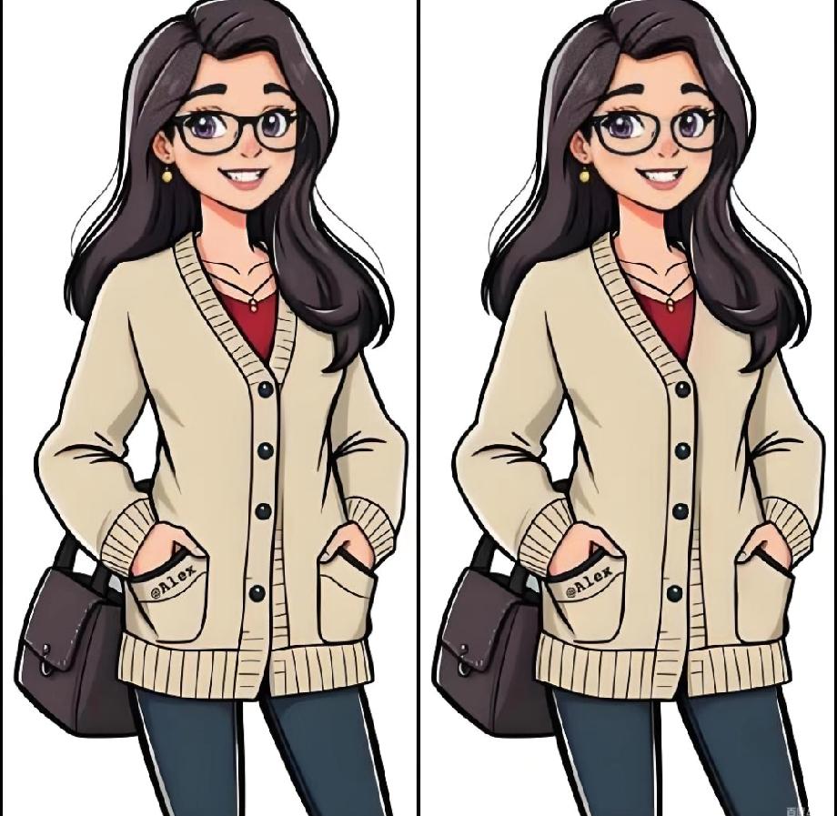 挑战！这组“戴眼镜女孩”图藏了3处细节差异，能10秒找出的人绝对是“细节大神”，