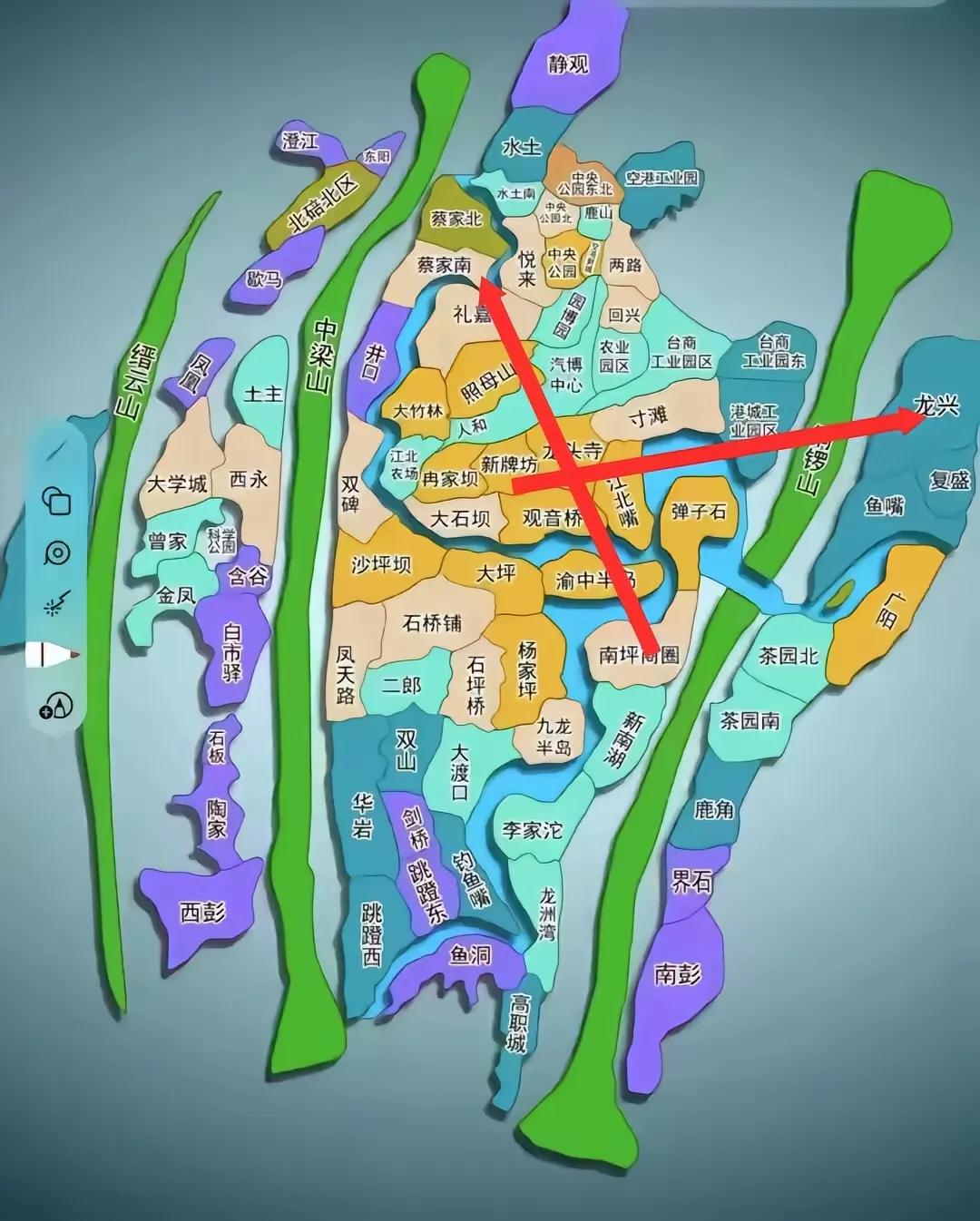 看了这个地图对比杭州的布局，如果渝北江北并入两江新区，区府所在地大概率在寸滩新城