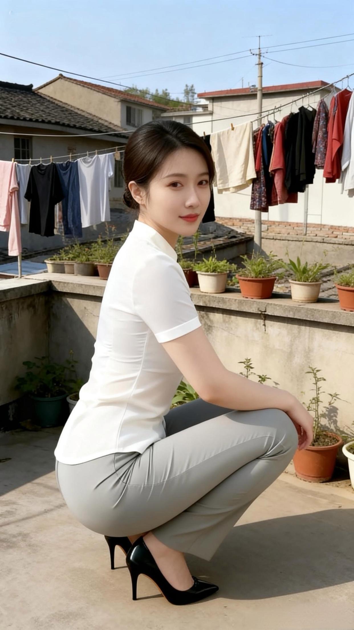 都市雅致穿搭，简约白衬衫搭配灰色西裤，尽显职场风范。