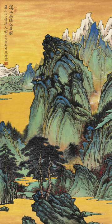 这幅作品是中国美术家协会会员、国家一级美术师刘文顺老师的青绿山水画作《溪山幽隐仙居图》。画面以雄奇险