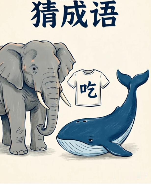 图中有大象衣服鲸鱼，谐音猜四字成语。你准备好了吗。