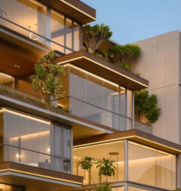 去上海看房，路过一栋小高层，被眼前的设计震撼到了。外立面不是千篇一律的玻璃幕墙，